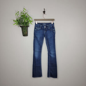 Silver Dawson Flare Bootcut Jeans Dark Blue Wash Flap Pocket Low Rise Stretch 24